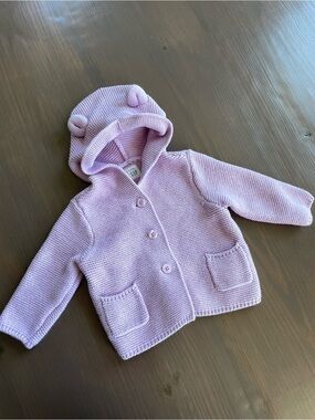 Baby Gap Lavender Knit Hooded Button Up Cardigan Sweater w/ Ears Size 6-12M